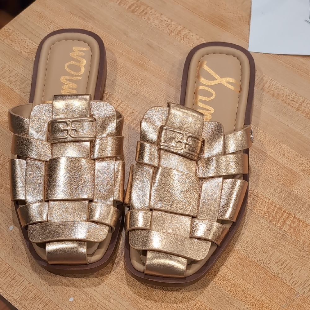 Sam Edelman Metallic Gold Woven Slide Mules